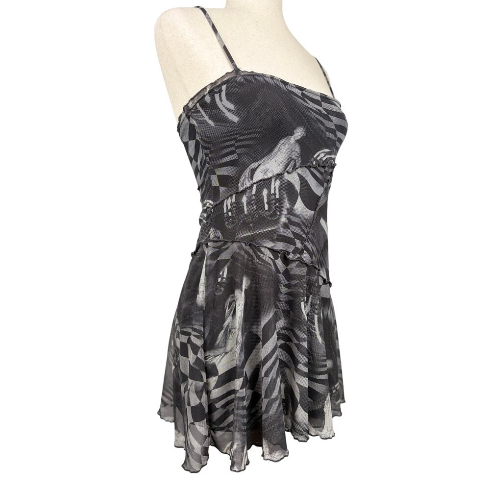 Urban Outfitters Black Mesh Mini Dress Abstract Print Layered XS - Picture 2 of 5